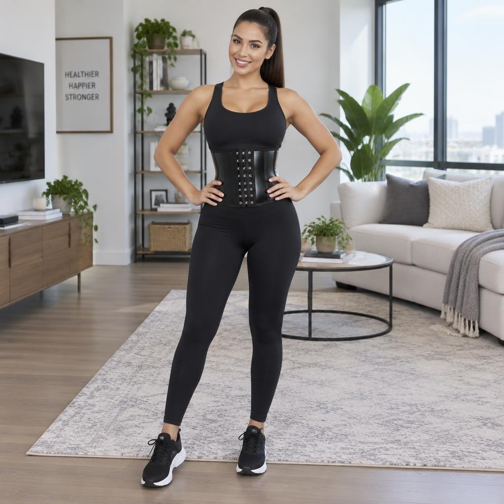 Woman wearing the waist trainer at home