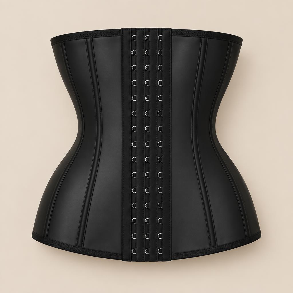 Black latex waist trainer with three rows of hook-and-eye closures